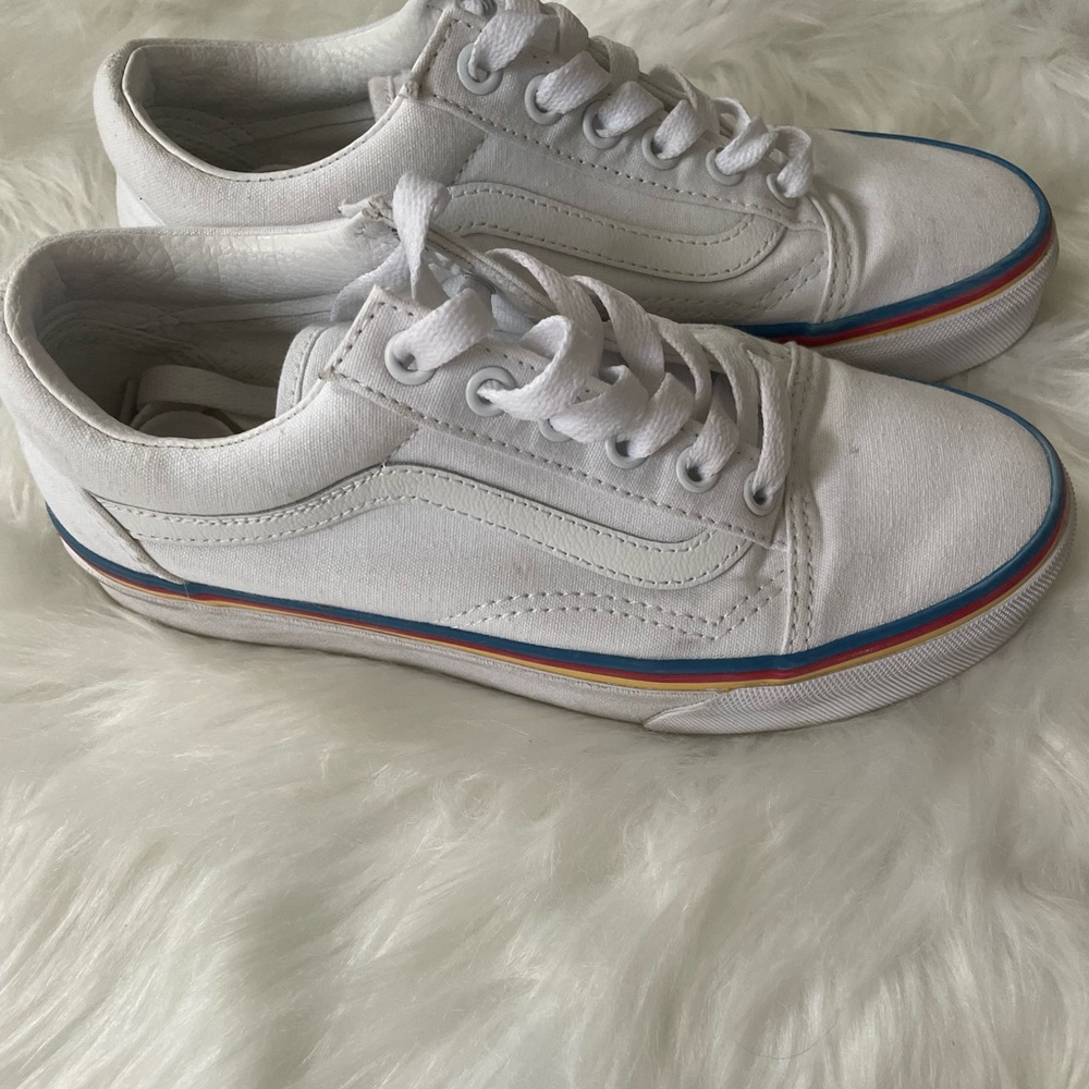Women’s Low Top Old Skool White Canvas Rainbow Vans